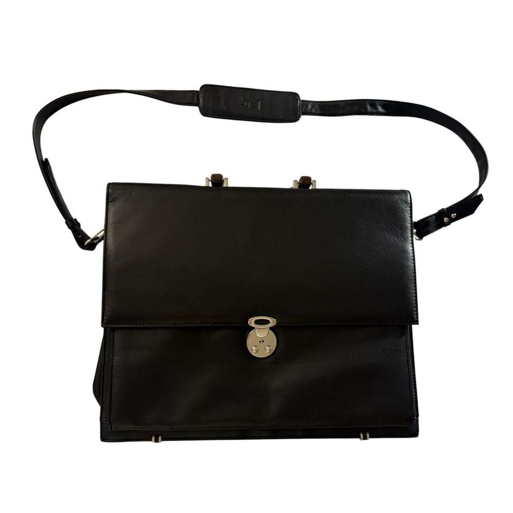 Lodis Vintage Black Leather Briefcase with Wood Handle